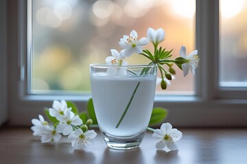 Coconut water served in a clear glass decorated with White cherry blossoms | Illustration