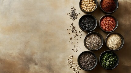 An assortment of superfoods, including seeds, legumes, and leafy greens, displayed in small bowls on a neutral background. 