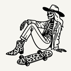 Cowgirl Female skeleton with leopard print play skateboard. Cowboy Western American Cartoon Animal Clipart Line Art Vector Illustration. .