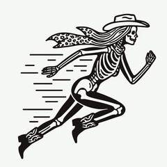 Cowgirl Female skeleton with leopard print running. Cowboy Western American Cartoon Animal Clipart Line Art Vector Illustration. .