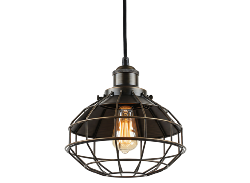 Industrial style pendant light fixture with three exposed bulbs isolated on transparent background