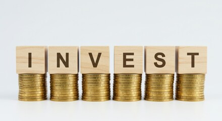 Wooden blocks spelling invest sit atop stacks of gold coins on white.
