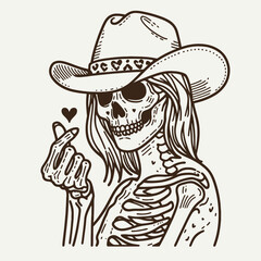 Cowgirl Female skeleton with leopard print a hand making the mini heart sign fingers perfectly positioned. Cowboy Western American Cartoon Animal Clipart Line Art Vector Illustration. .