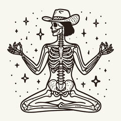 Cowgirl Female skeleton with leopard print standing yoga poses. Cowboy Western American Cartoon Animal Clipart Line Art Vector Illustration. .