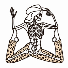 Cowgirl Female skeleton with leopard print standing yoga poses. Cowboy Western American Cartoon Animal Clipart Line Art Vector Illustration. .