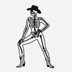 Cowgirl Female skeleton with leopard print standing yoga poses. Cowboy Western American Cartoon Animal Clipart Line Art Vector Illustration. .