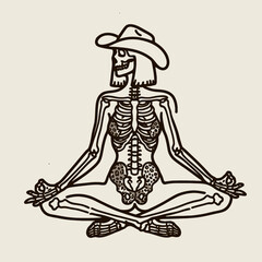 Cowgirl Female skeleton with leopard print sitting yoga poses. Cowboy Western American Cartoon Animal Clipart Line Art Vector Illustration. .