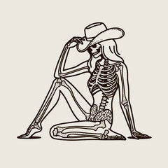 Cowgirl Female skeleton with leopard print sitting yoga poses. Cowboy Western American Cartoon Animal Clipart Line Art Vector Illustration. .