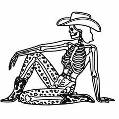 Cowgirl Female skeleton with leopard print lying yoga poses. Cowboy Western American Cartoon Animal Clipart Line Art Vector Illustration. woman bone in doing relaxing stretch positions.