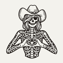 Cowgirl Female skeleton with leopard print Making a heart shape hands together. Cowboy Western American Cartoon Animal Clipart Line Art Vector Illustration. .