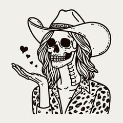 Cowgirl Female skeleton with leopard print Blowing kisses to each other. Cowboy Western American Cartoon Animal Clipart Line Art Vector Illustration. woman skull in pattern sending a smooch.