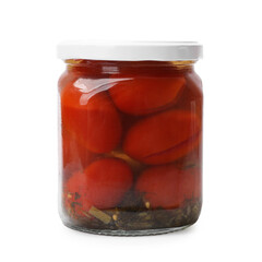 Tasty pickled tomatoes in glass jar isolated on white