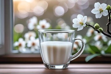 Glass of milk with beautiful flowers outside the window | Illustration