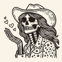 Cowgirl Female skeleton with leopard print Blowing kisses to each other. Cowboy Western American Cartoon Animal Clipart Line Art Vector Illustration. girl bone wildcat pattern Sending.