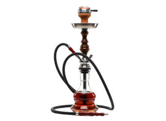 Elegant ornate wooden shisha pipe with red liquid in glass base isolated on transparent background