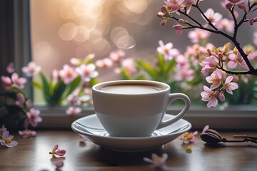 Coffee served with white coffee cup amidst cherry blossoms | Illustration