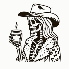 Cowgirl Female skeleton with leopard print Clinking glasses hot chocolate or coffee. Cowboy Western American Cartoon Animal Clipart Line Art Vector Illustration. .