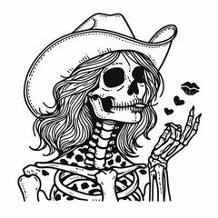 Cowgirl Female skeleton with leopard print Blowing kisses to each other. Cowboy Western American Cartoon Animal Clipart Line Art Vector Illustration. woman bone figure in pattern tossing.