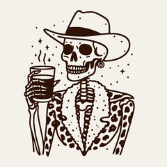 Cowgirl Female skeleton with leopard print Clinking glasses hot chocolate or coffee. Cowboy Western American Cartoon Animal Clipart Line Art Vector Illustration. .