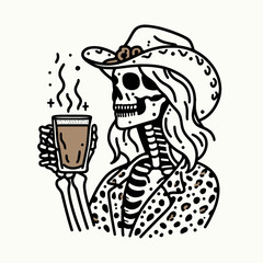 Cowgirl Female skeleton with leopard print Clinking glasses hot chocolate or coffee. Cowboy Western American Cartoon Animal Clipart Line Art Vector Illustration. .