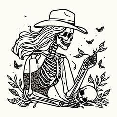 Cowgirl Female skeleton with leopard print Playing autumn leaves. Cowboy Western American Cartoon Animal Clipart Line Art Vector Illustration. .