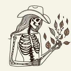 Cowgirl Female skeleton with leopard print Playing autumn leaves. Cowboy Western American Cartoon Animal Clipart Line Art Vector Illustration. Woman bony figure in pattern enjoy seasonal.