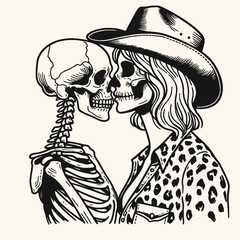 Cowgirl Female skeleton with leopard print Holding each others faces for a kiss. Cowboy Western American Cartoon Animal Clipart Line Art Vector Illustration. .