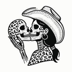 Cowgirl Female skeleton with leopard print Holding each others faces for a kiss. Cowboy Western American Cartoon Animal Clipart Line Art Vector Illustration. .