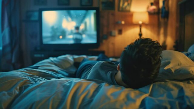 A man relaxed in bed watching TV