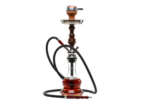 Elegant ornate wooden shisha pipe with red liquid in glass base isolated on transparent background