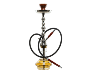 Elegant ornate wooden shisha pipe with red liquid in glass base isolated on transparent background