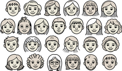 Collection of Cartoon People's Faces with Diverse Hairstyles and Expressions, Design