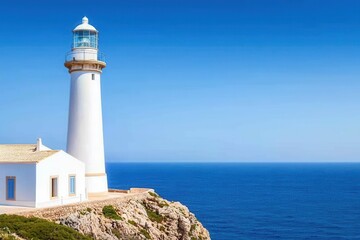 Bright White Lighthouse on Rocky Coast with Clear Blue Ocean View