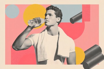 stylish collage image man drinking water post workout, surrounded by calm pastel tones and minimal elements, perfect for health apps, gym promotions and hydration reminders