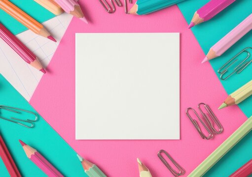 Creative Workspace with Colorful Stationery and Blank Square Paper