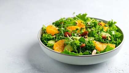 Modern salad plant-based concept. Fresh salad with mixed greens and citrus slices in a bowl.