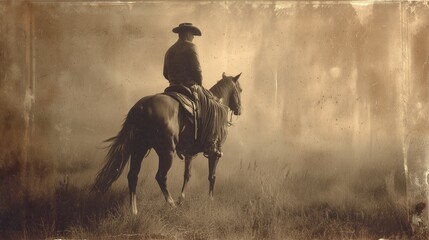 old worn vintage sepia toned polaroid photo of cowboy riding a horse