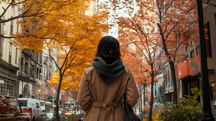 Autumn city street view with woman in coat walking among fall foliage and urban buildings in new york