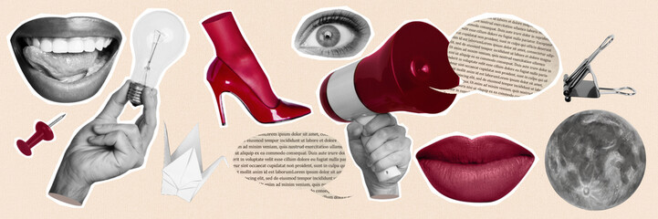 Poster trend 3D photo collage of mouth lips smile hand hold megaphone talk eye watch fragment bod shoes stiletto moon collection object