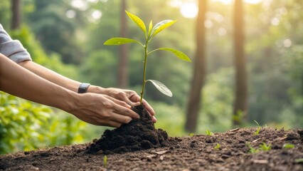 eco-conscious consumer concept. Planting a young sapling in rich soil under sunlight.
