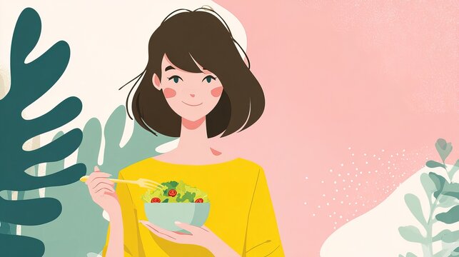 Cheerful illustration of smiling woman holding fresh salad bowl, set against gentle pastel background with clean, modern composition. Ideal for healthy eating campaigns and nutrition blogs - Powered by Adobe