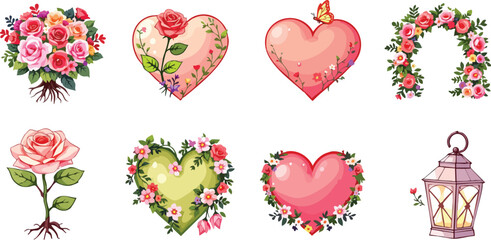 Charming floral hearts and decorative elements in a delightful romantic and whimsical style.