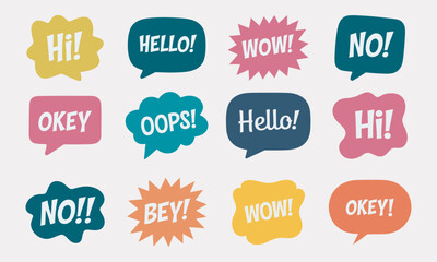Speech Bubble Word Stickers - Hi, Hello, Wow, No, Okay, Oops, Bey, vector illustration