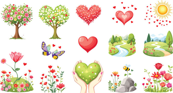 Charming vector illustrations featuring hearts nature scenes butterflies flowers and a bumblebee.