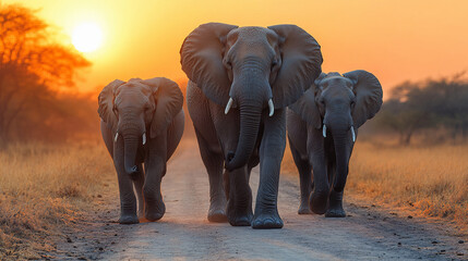 Obraz premium A majestic elephant with impressive tusks walks across the wild nature of Kenya, its large ears fanning as its baby stays close to the family in the park