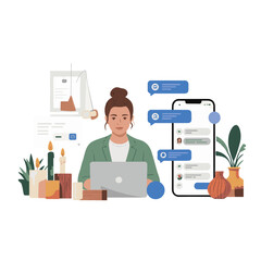 Cartoon vector illustration of a businessman working on a laptop with a suitcase, depicting concepts of business, office work, and technology