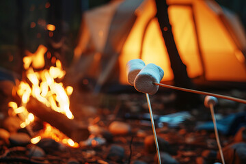 Delicious marshmallows roasting above bright campfire, evoking warmth and adventure, with blurred camping essentials and tent visible in firelight