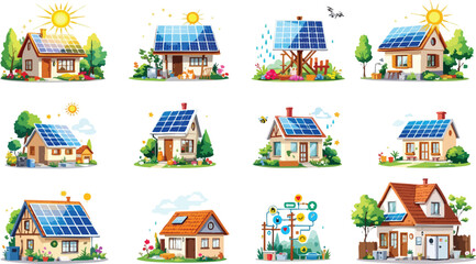 Sustainable energy illustrated collection depicting houses equipped with solar panels and green technology.
