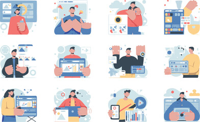 Flat Illustrations People Interacting with Digital Interfaces, Charts, and Web Design Elements