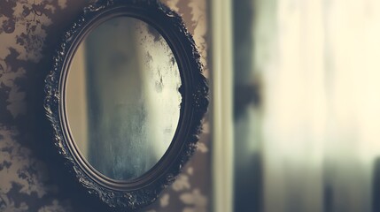 Vintage oval mirror hanging on wall with floral wallpaper in antique home decor style photo image shot